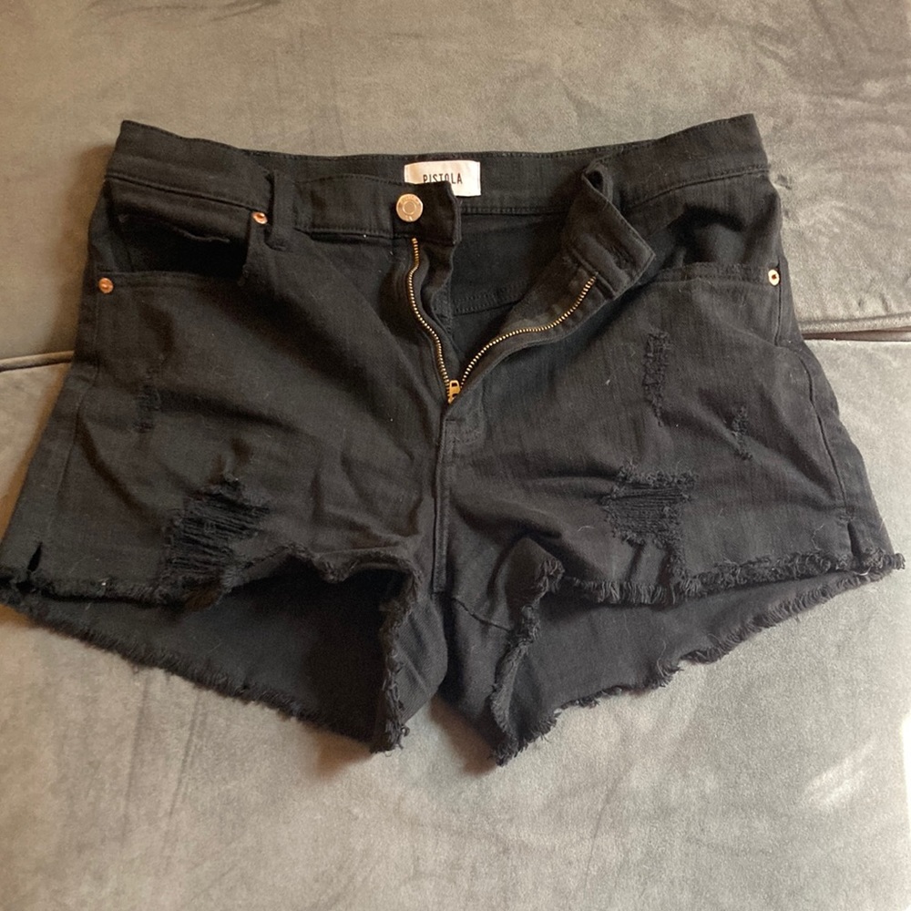 Size 30 high waisted distressed, frayed black jean shorts